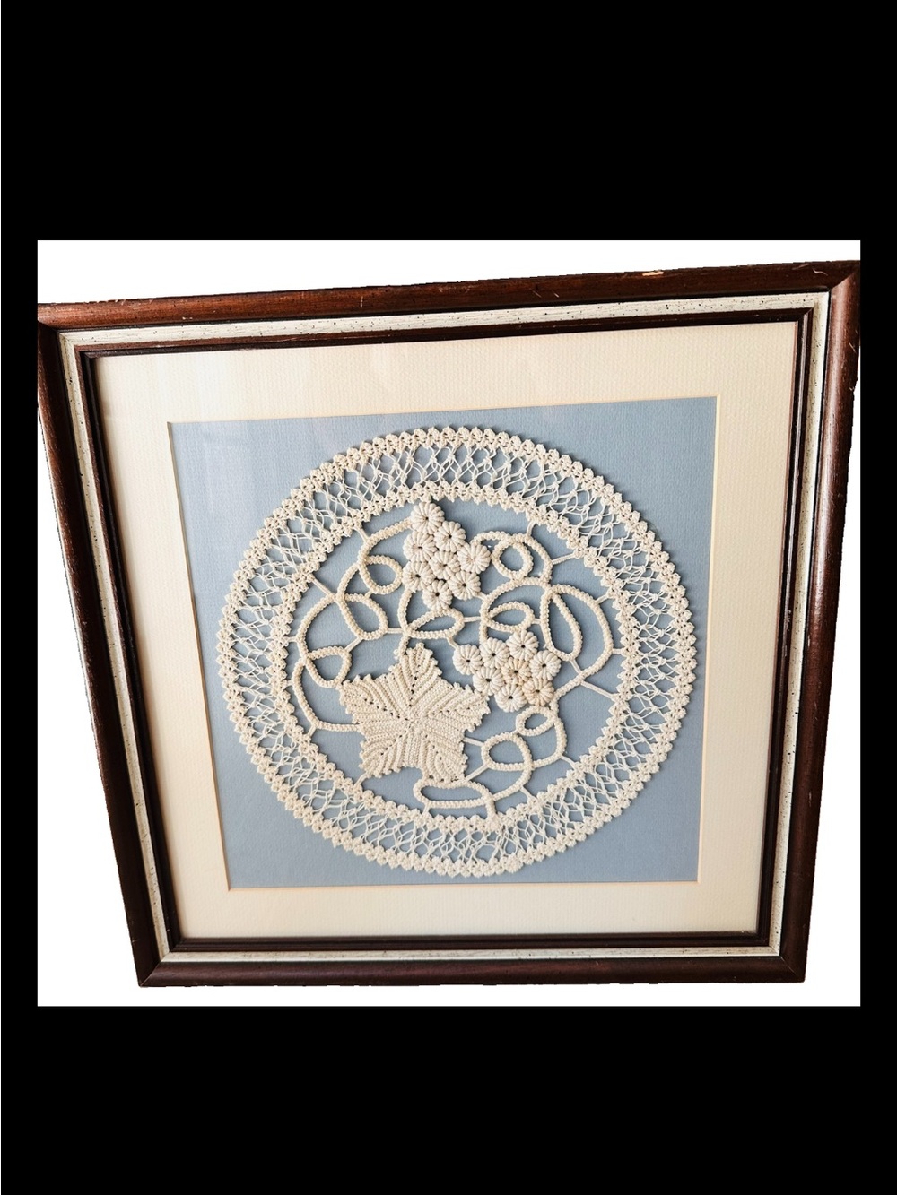 Vtg Framed Handmade Crochet Doily Grape & Leaf Clusters On Blue Mat Cottagecore